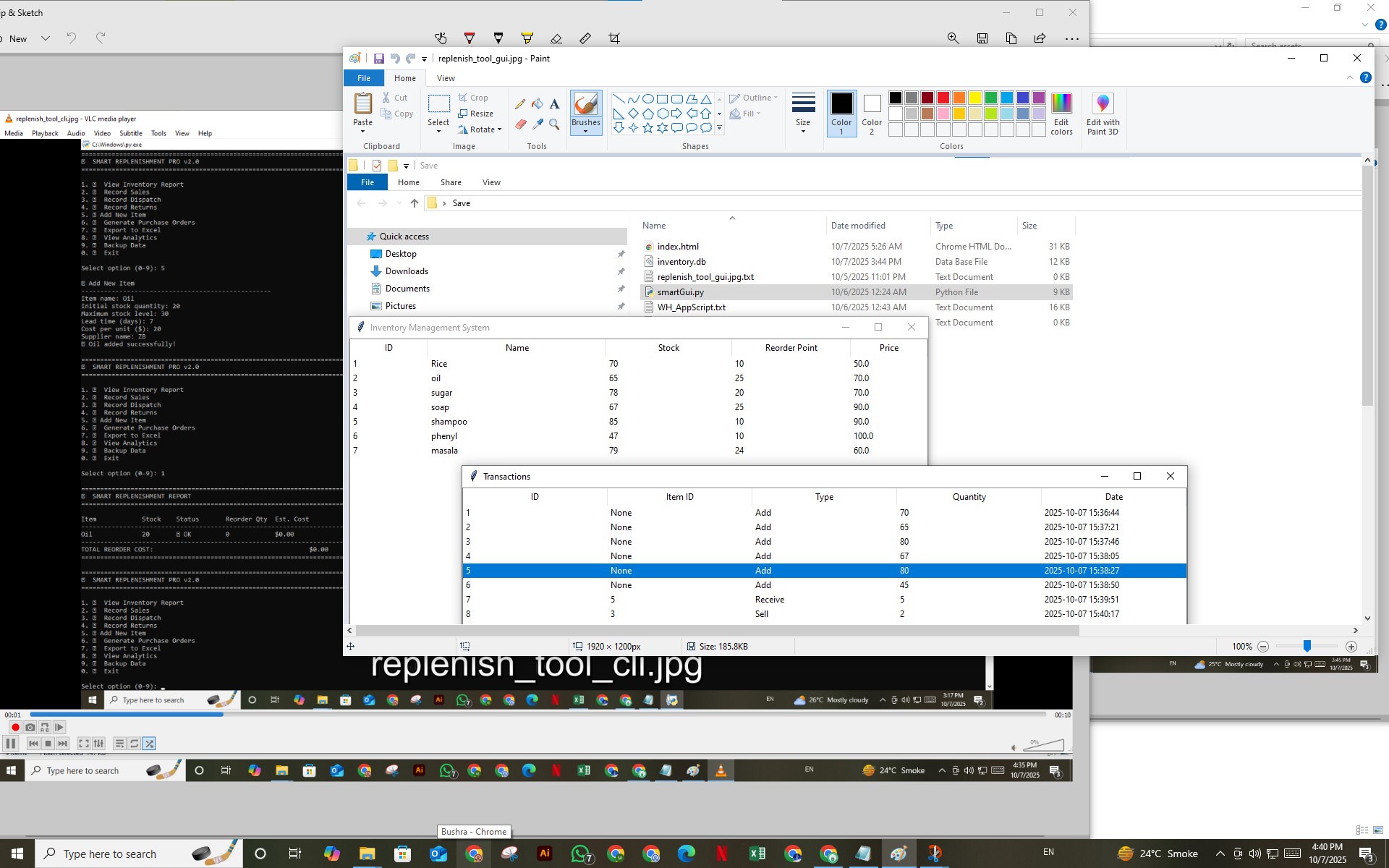Screenshot of Python GUI/CLI for stock forecasting tool, showing ROP and buffer stock calculations.