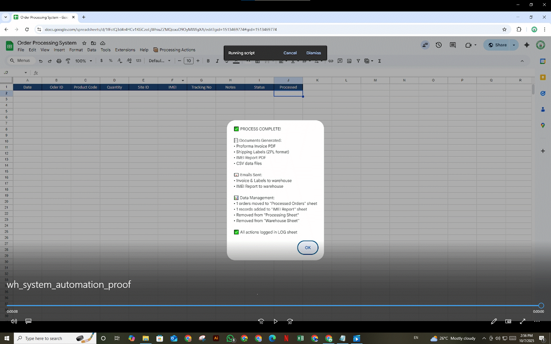 Animated GIF/MP4 of warehouse system in action, showing rapid, one-click order processing.